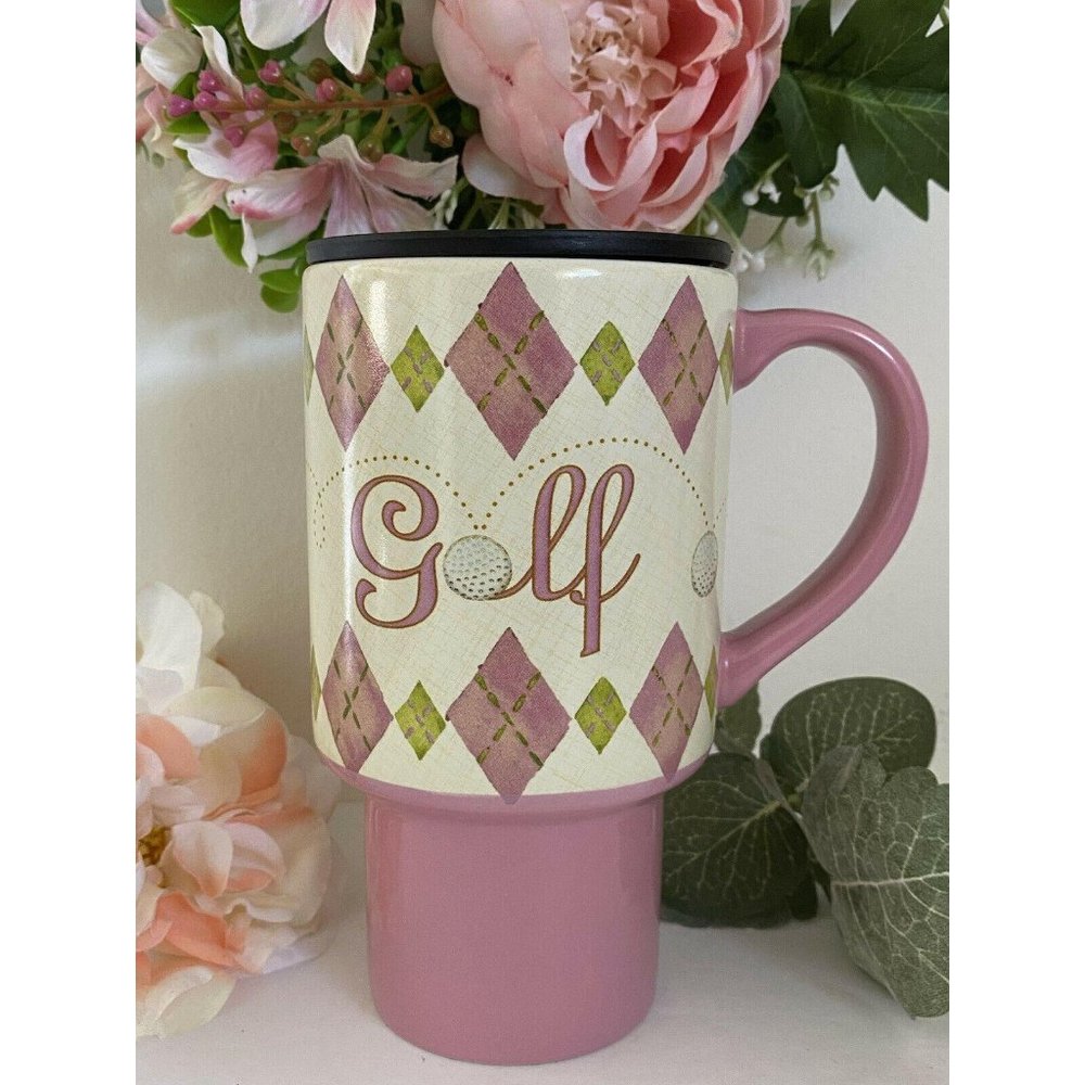 Lang Golf Travel‎ Mug Pink Argyle Ceramic Lid Golf